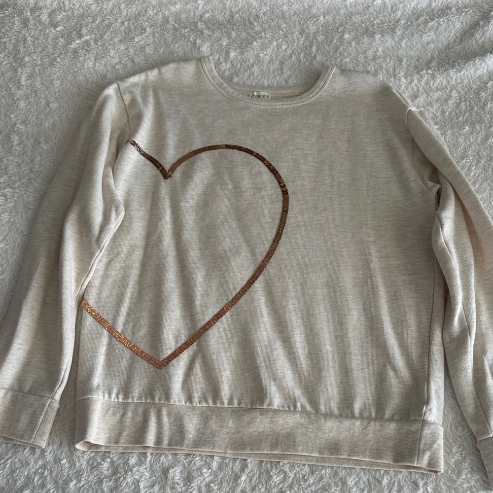 Crewcuts JCrew girls size XL oatmeal sequin heart sweatshirt Valentine like new